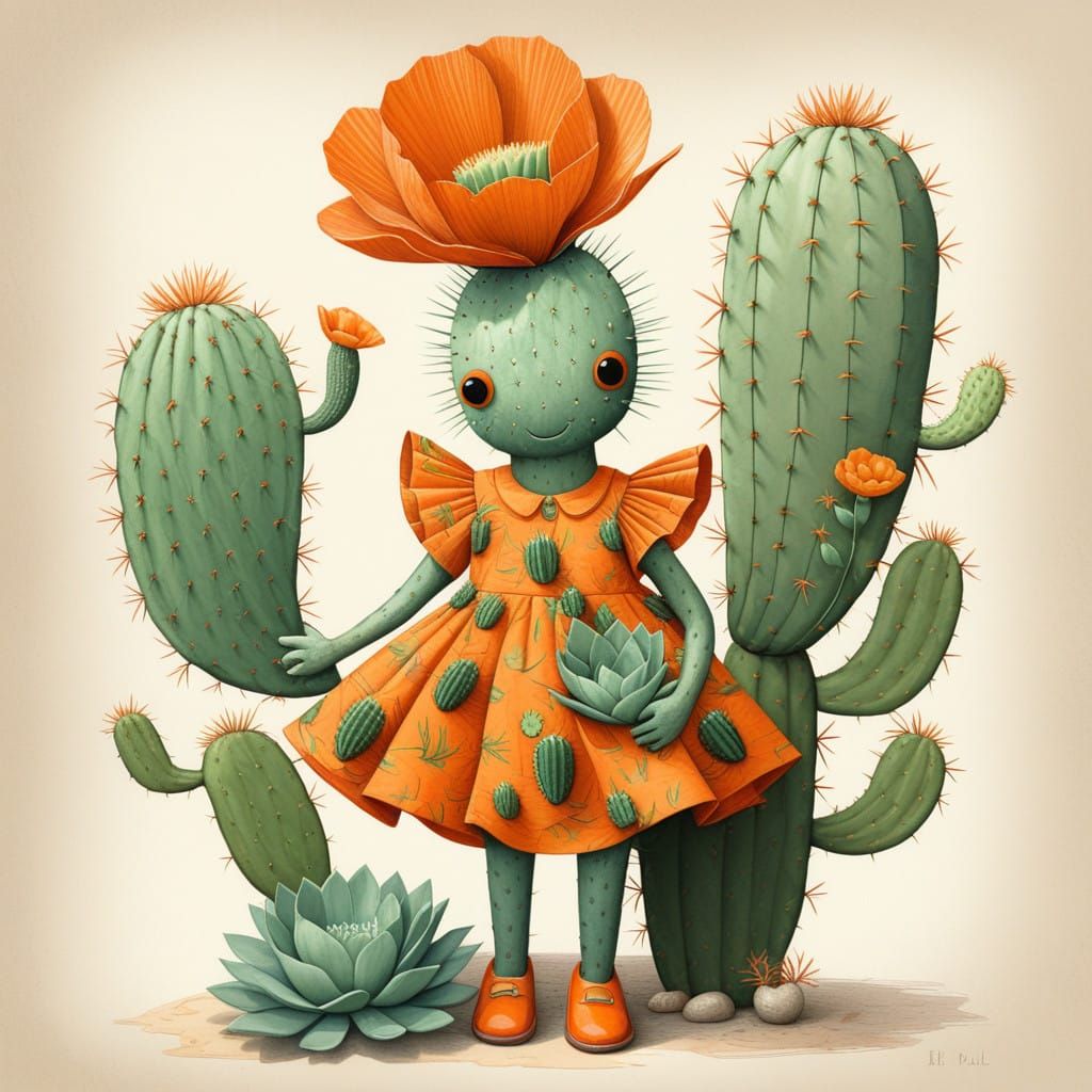 Whimsical Botanical Cactus in a Vibrant Floral Landscape