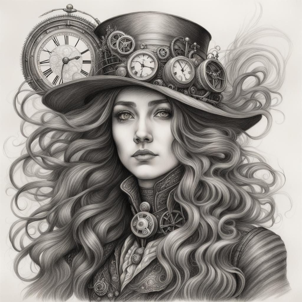 Steampunk Woman: Hyperdetailed Monochrome Pencil Sketch