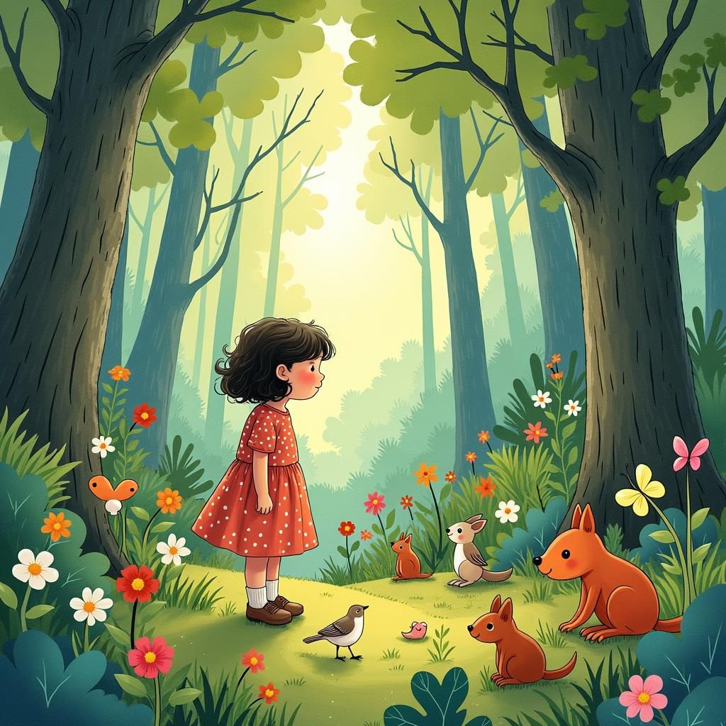 Willa in Vibrant Forest, Whimsical Watercolor Illustration