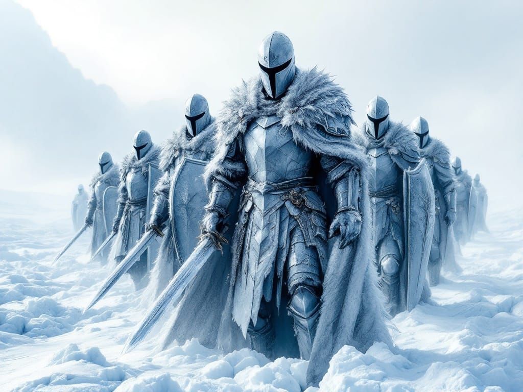 Frostbound Steel Knights Stand Vigilant in Winter Landscape