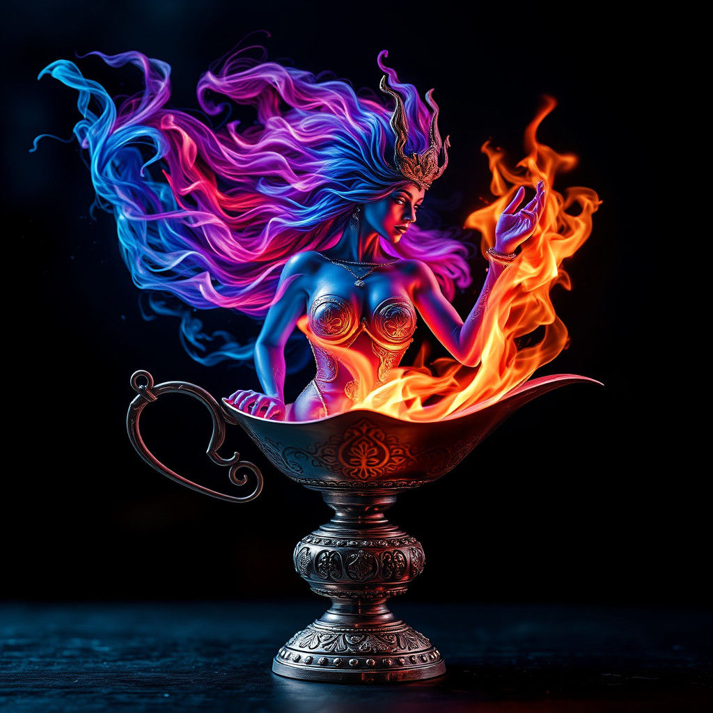 Fiery Djin Emerges from Silver Arabian Lamp