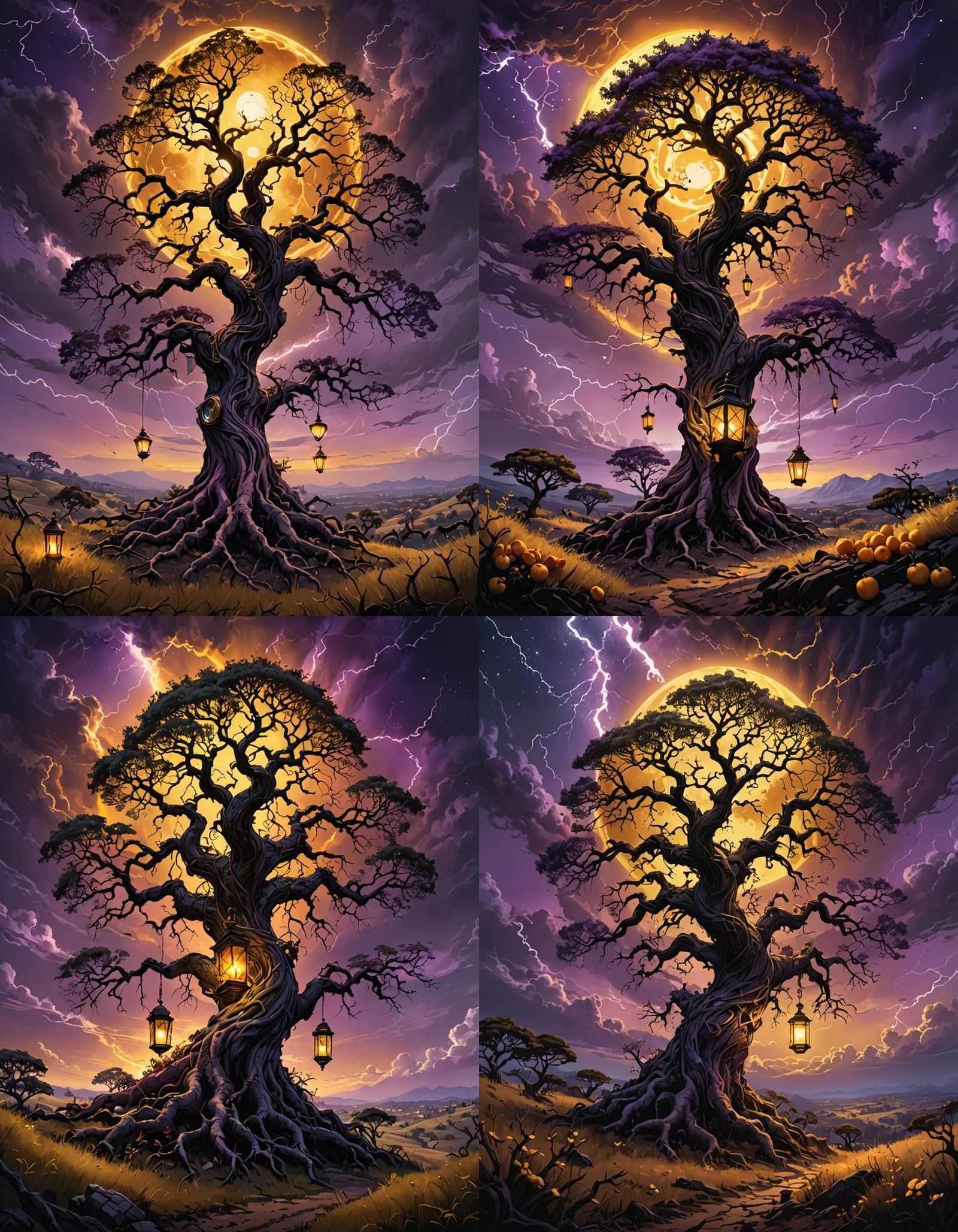 Ancient Tree with Bioluminescent Fruit in Apocalyptic Landsc...