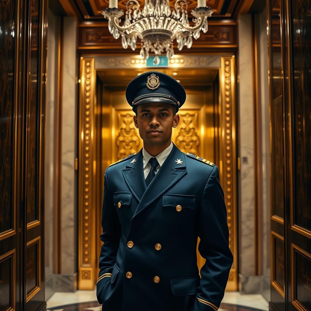 Elegant Hotel Lobby Scene with Attentive Elevator Operator