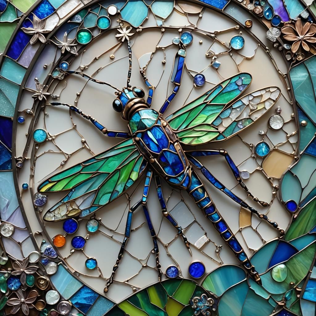 Hyperrealistic Stained Glass Grasshopper with Gemstone Cliff...