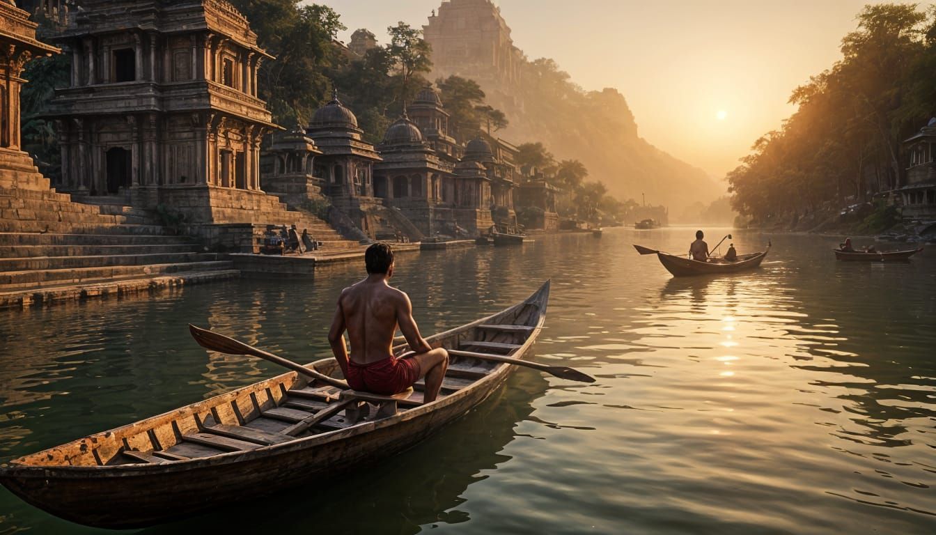 Young Man Rows Boat Along Ganges River at Sunrise