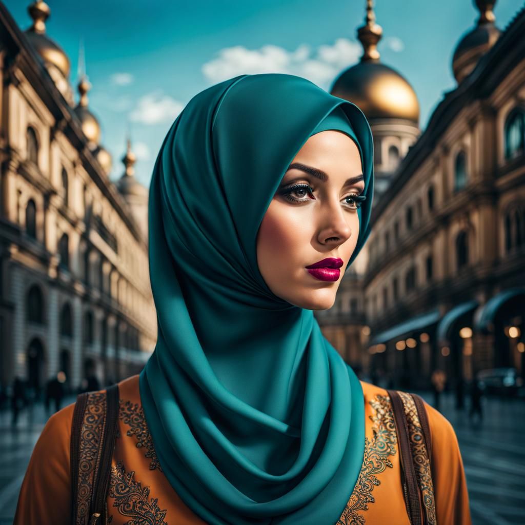 European Woman in Hijab and Mask City Portrait