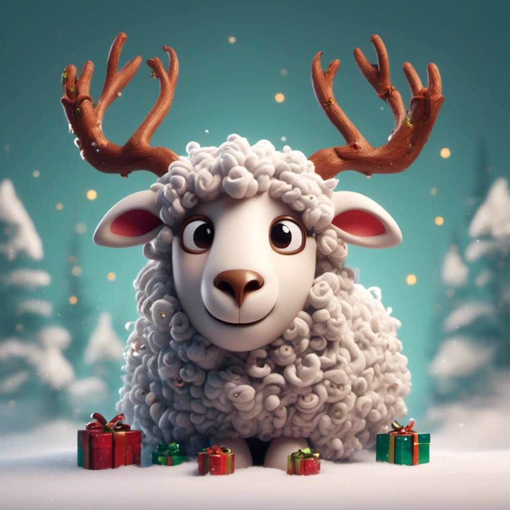 Christmas Sheep Caricature with Reindeer Horns