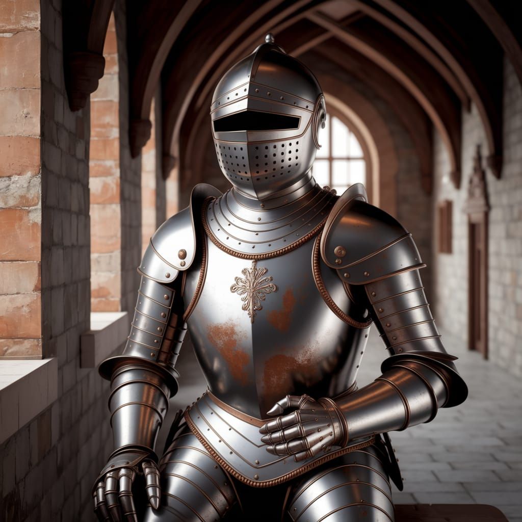 Mulct and rust on a polished suit of medieval armor sitting ...