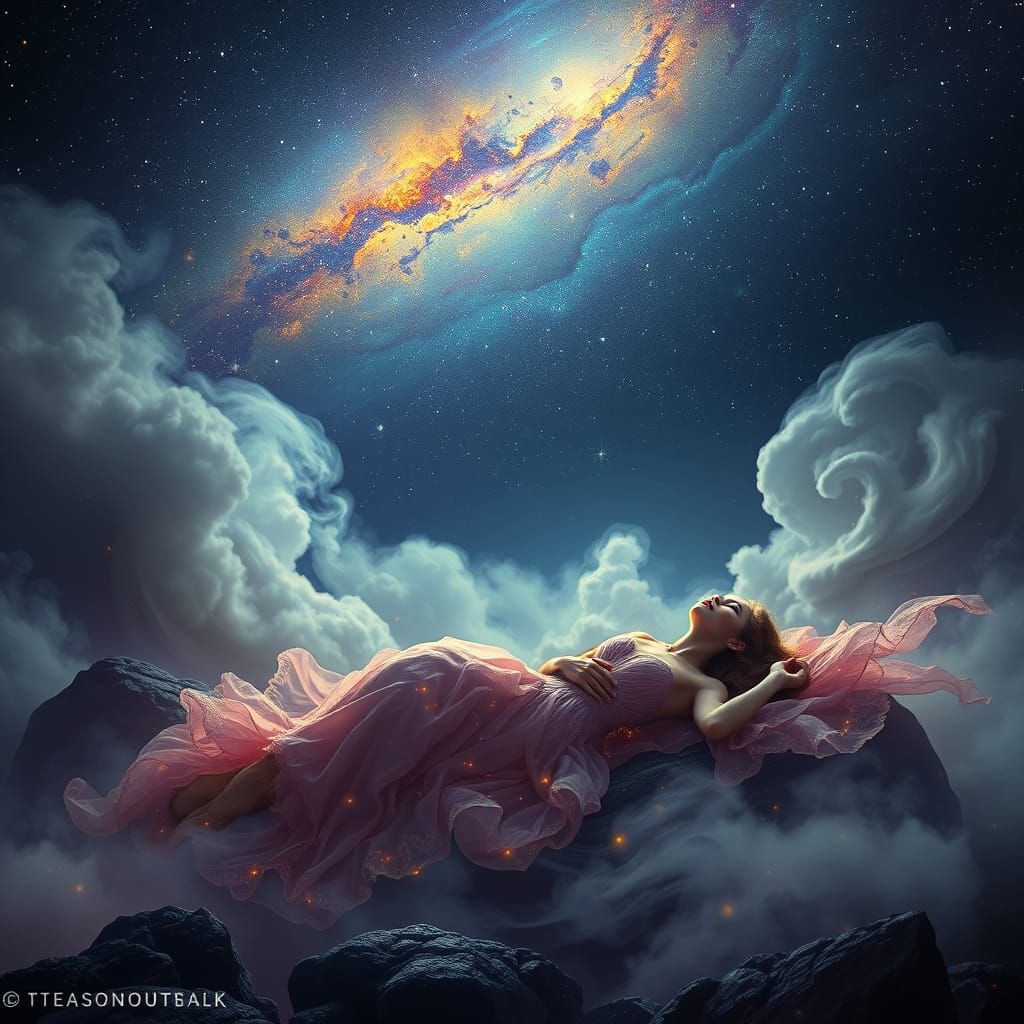 Ethereal Woman Under Starry Galaxy in Dark Fantasy Landscape