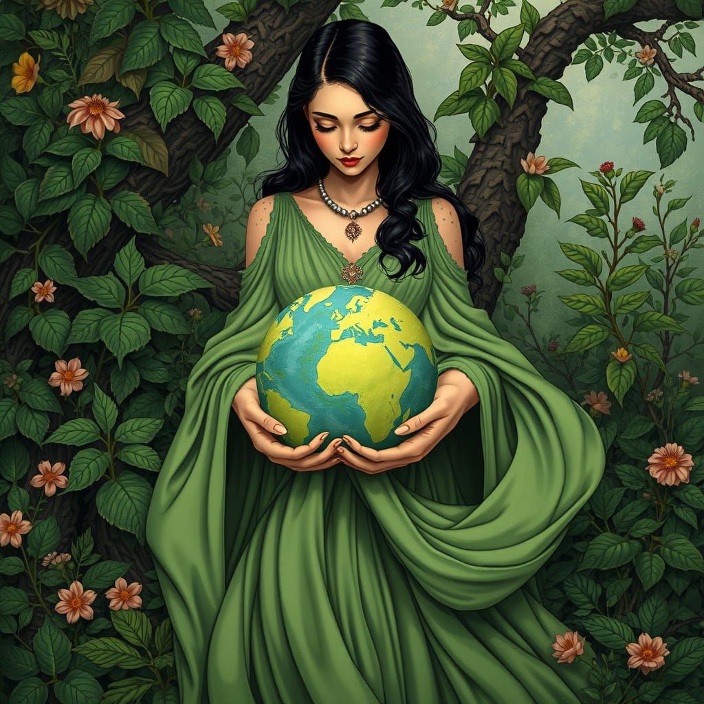 Mother Nature Cradling Earth in Fantasy Art Style