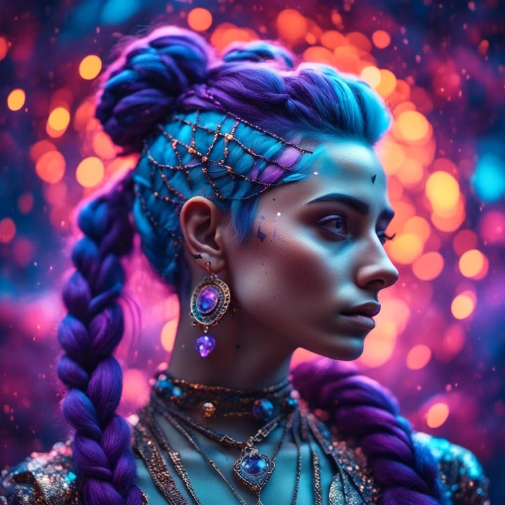 Pop Art Portrait of Woman with Braided Purple Hair