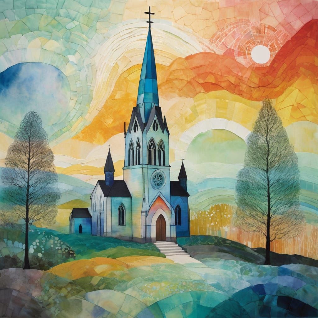 Pastel Gradient Church Landscape in Shibori Style