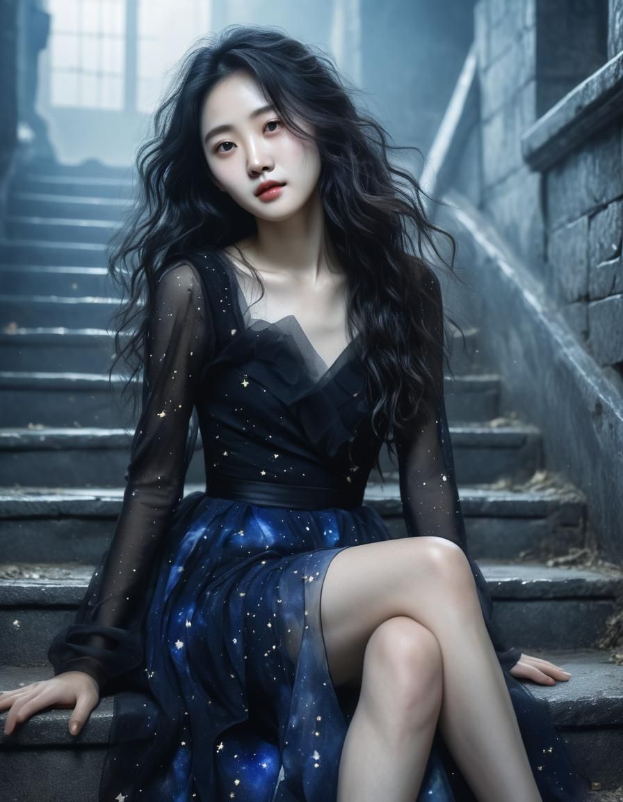 Ethereal Woman in Crumbling Castle, Watercolor Style