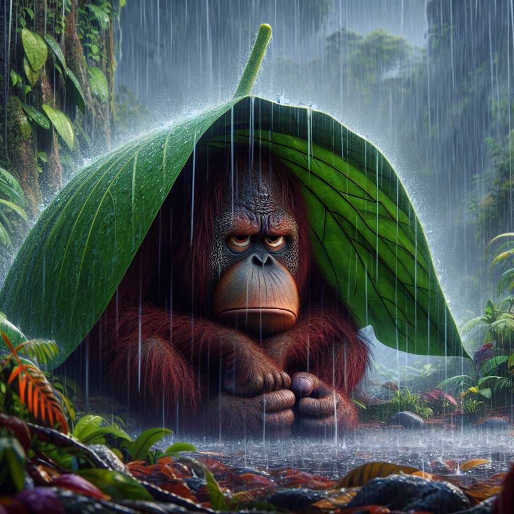 Grumpy Orangutan Sheltering from Rain: Pixar Style