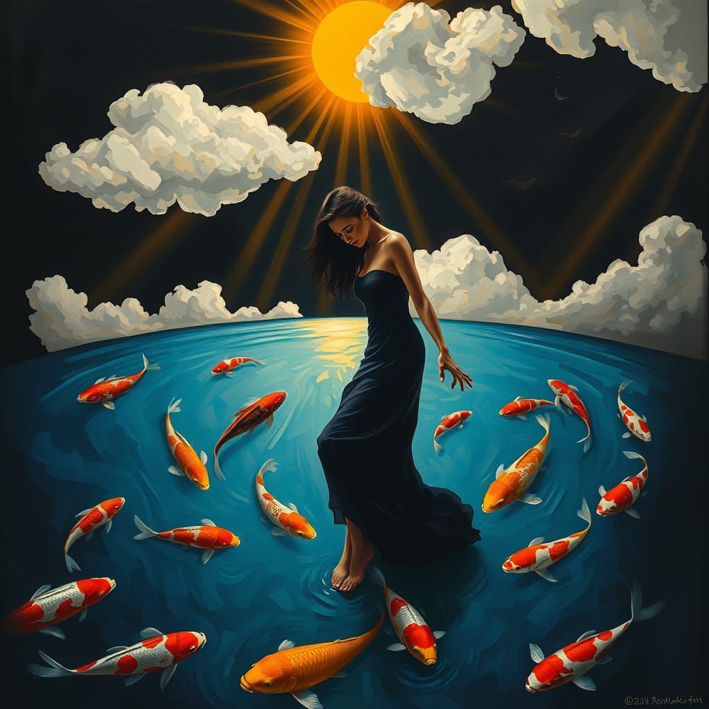 Woman in Koi Pond: Abstract Cubism Style