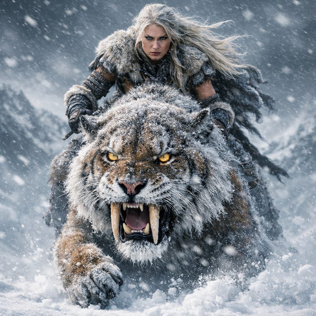 Nordic Warrior Rides Saber-Toothed Tiger in Epic Snowscape