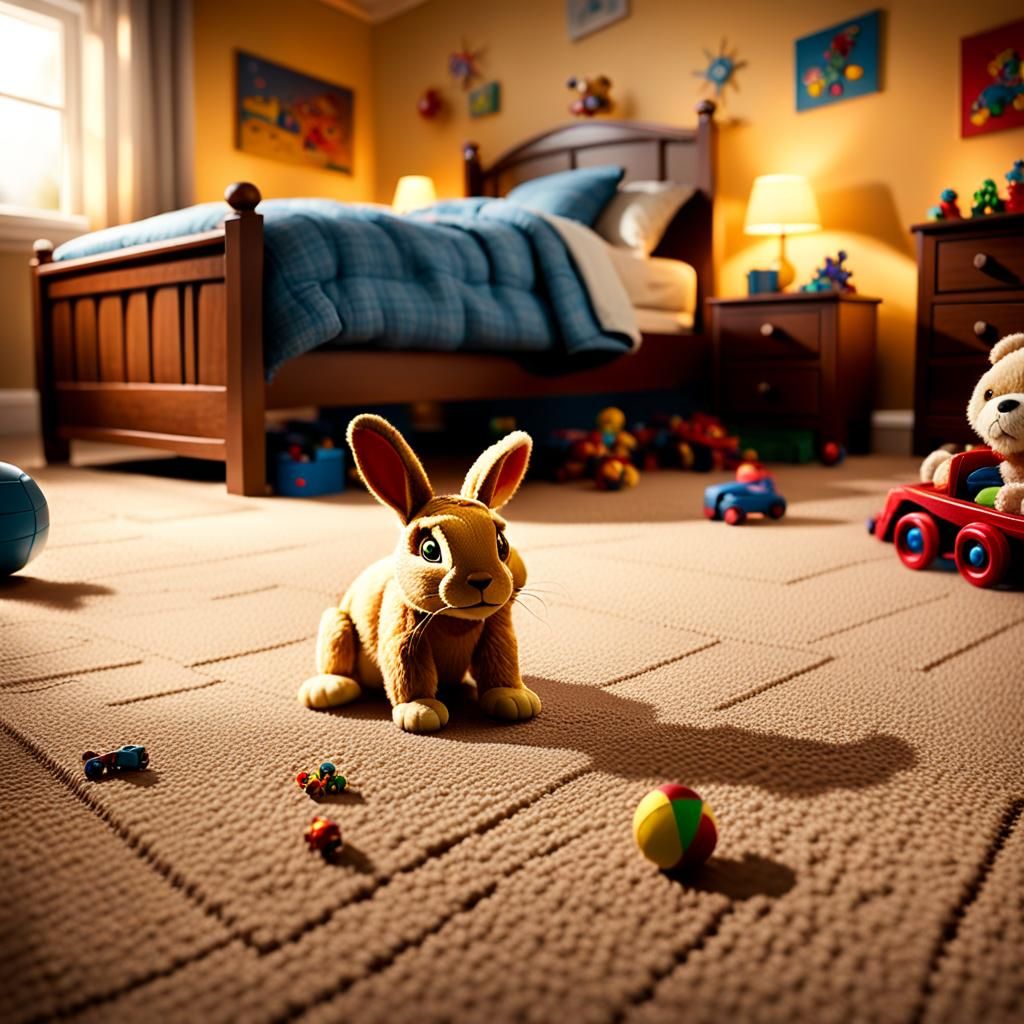 A surreal scene of toys that hop in a kid's bedroom.