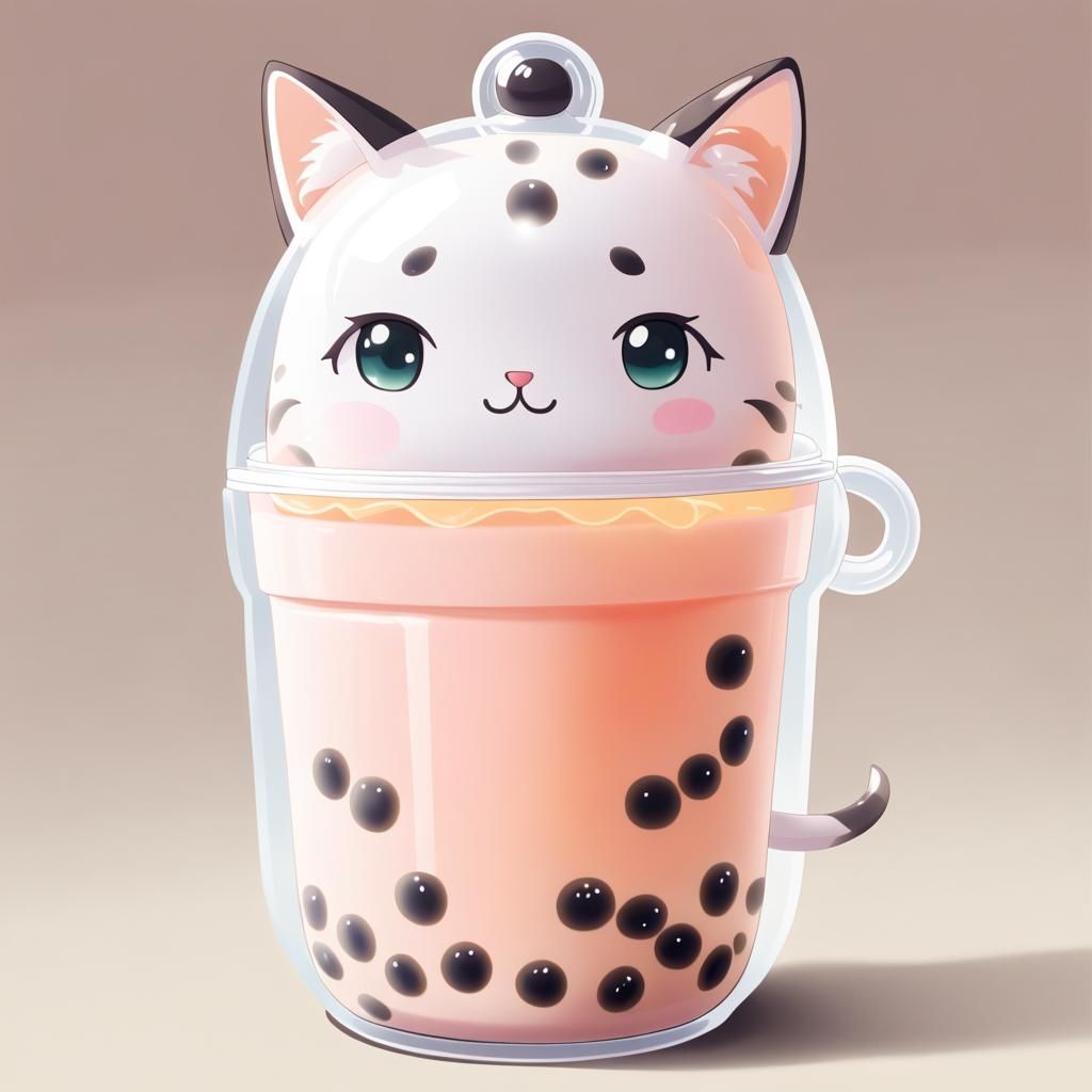 Cat-Shaped Bubble Tea in Anime Style