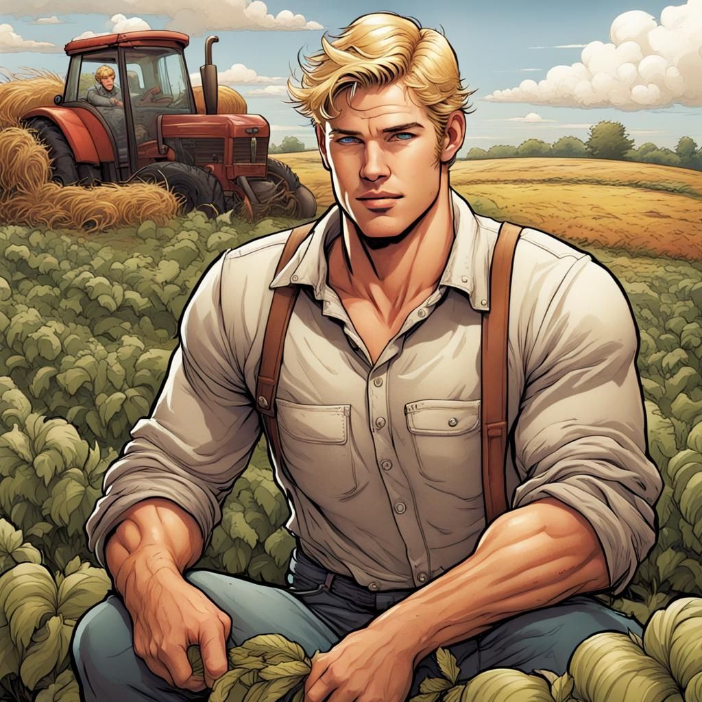 Handsome Farmer Harvesting Crops in Comic Book Style