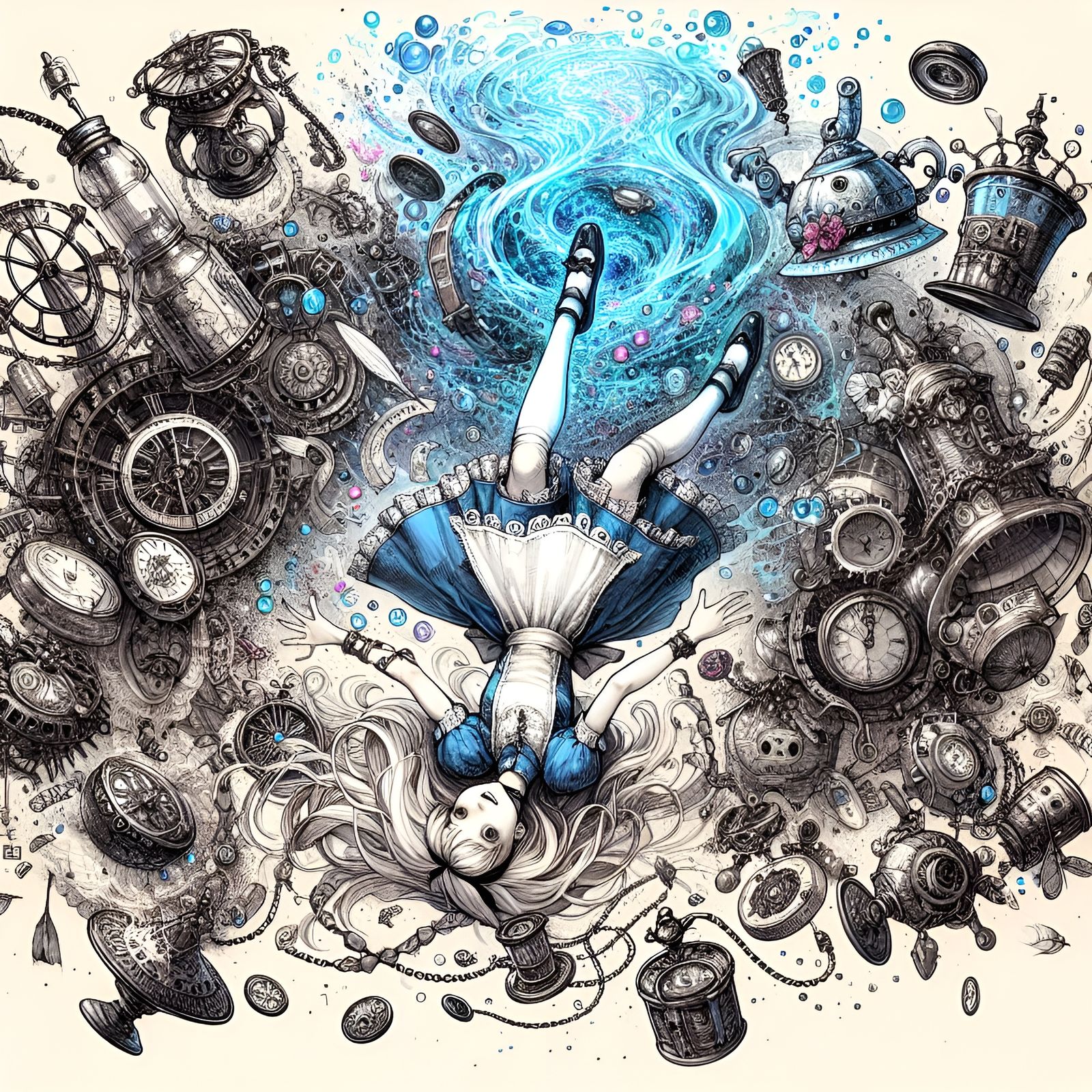 Alice in Steampunk Rabbit Hole: Ink Drawing