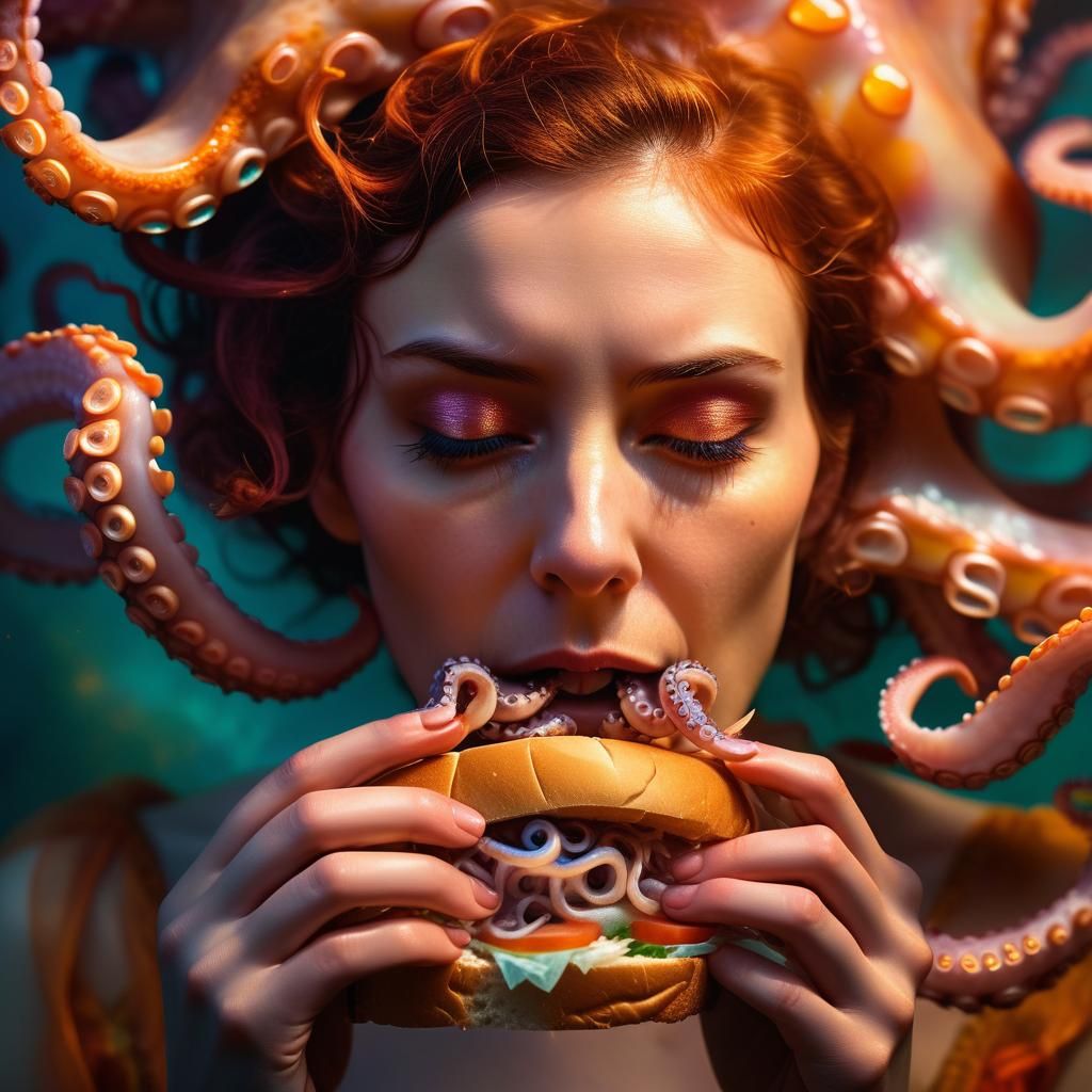 Surreal Octopus Woman Eating Sandwich in Vibrant Oil Paintin...