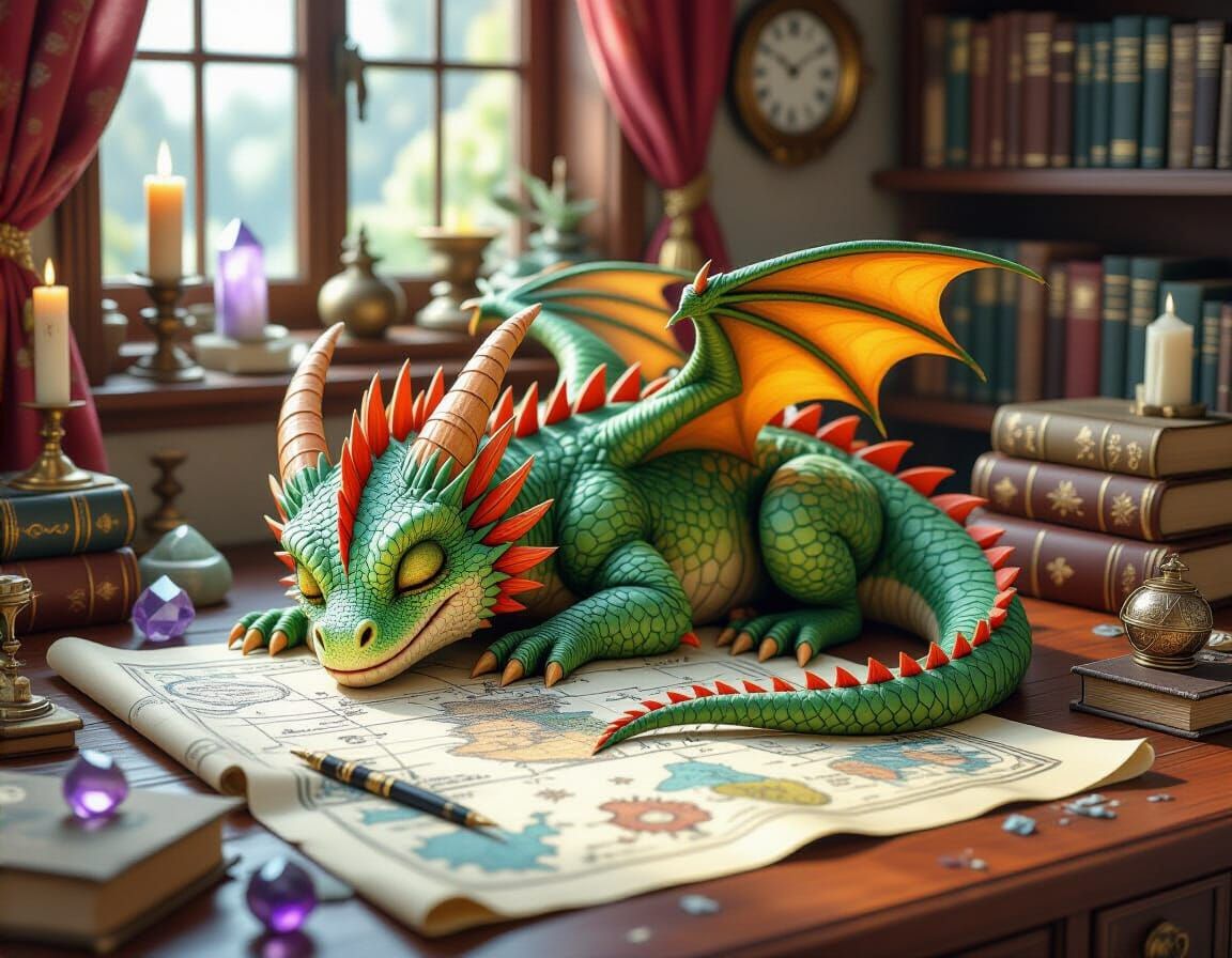 Adorable Dragon Asleep in Medieval Fantasy Office