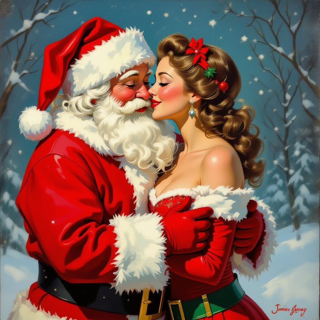 Santa's Christmas Kiss: An Oil Painting