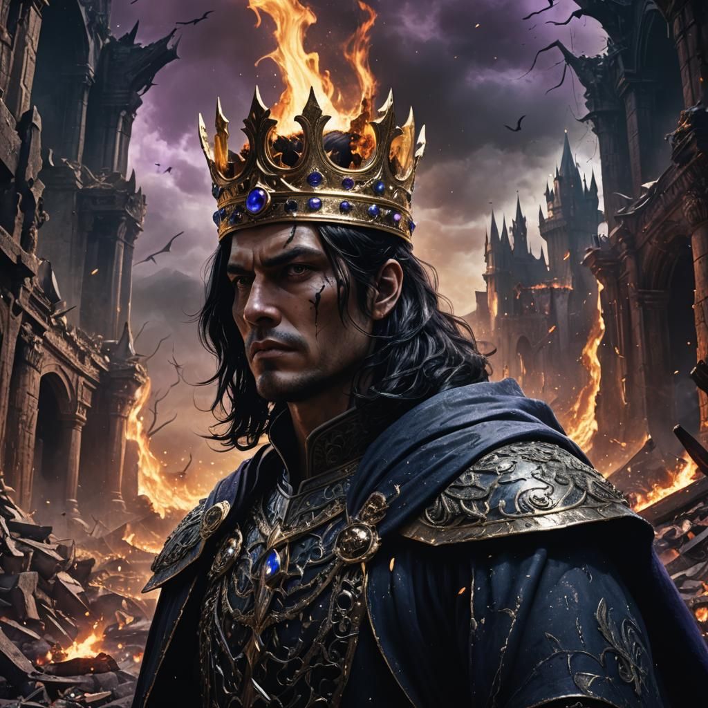 Evil King with White Crown in Destroyed Kingdom