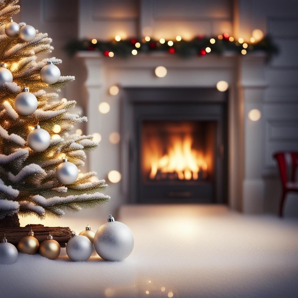 Snowy Christmas Tree with Fireplace, Matte Painting