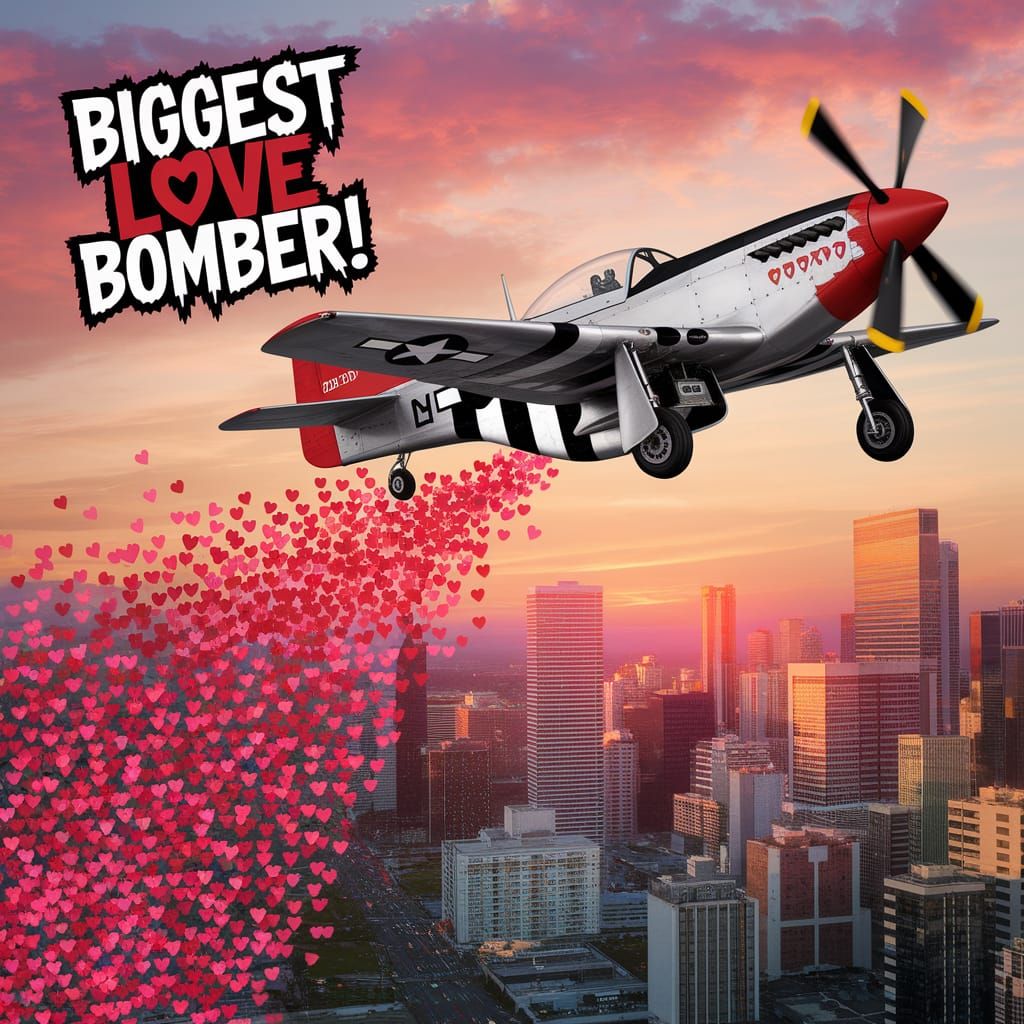 Romantic P-51 Mustang Soars Over Vibrant City at Sunset