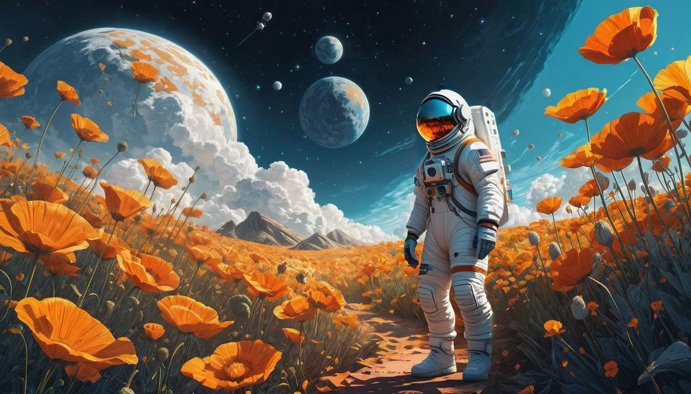 A retrofuturist illustration of a gently rolling landscape carpeted in orange Californian poppies as far as the eye can ...