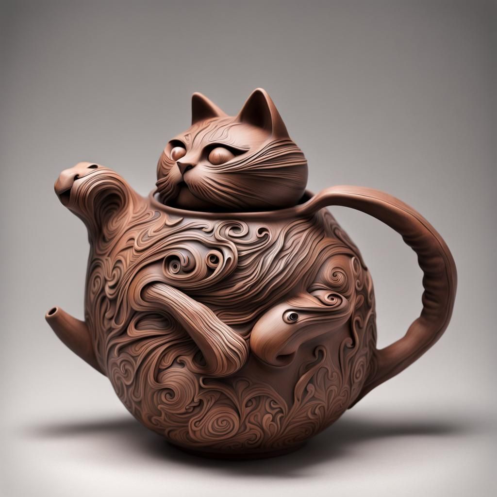 Detailed Clay Cat Teapot in Photographic Style