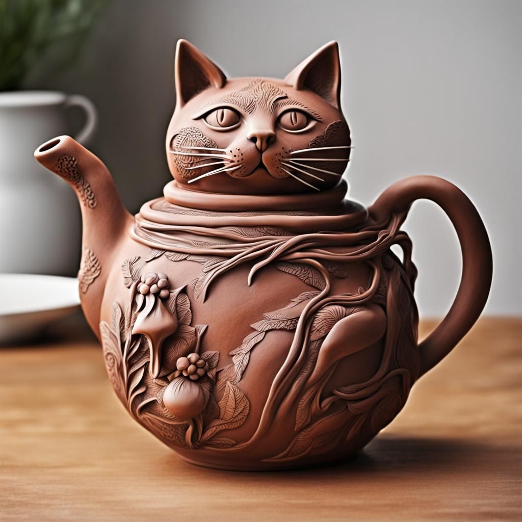 Detailed Clay Cat Teapot: Photographic Masterpiece