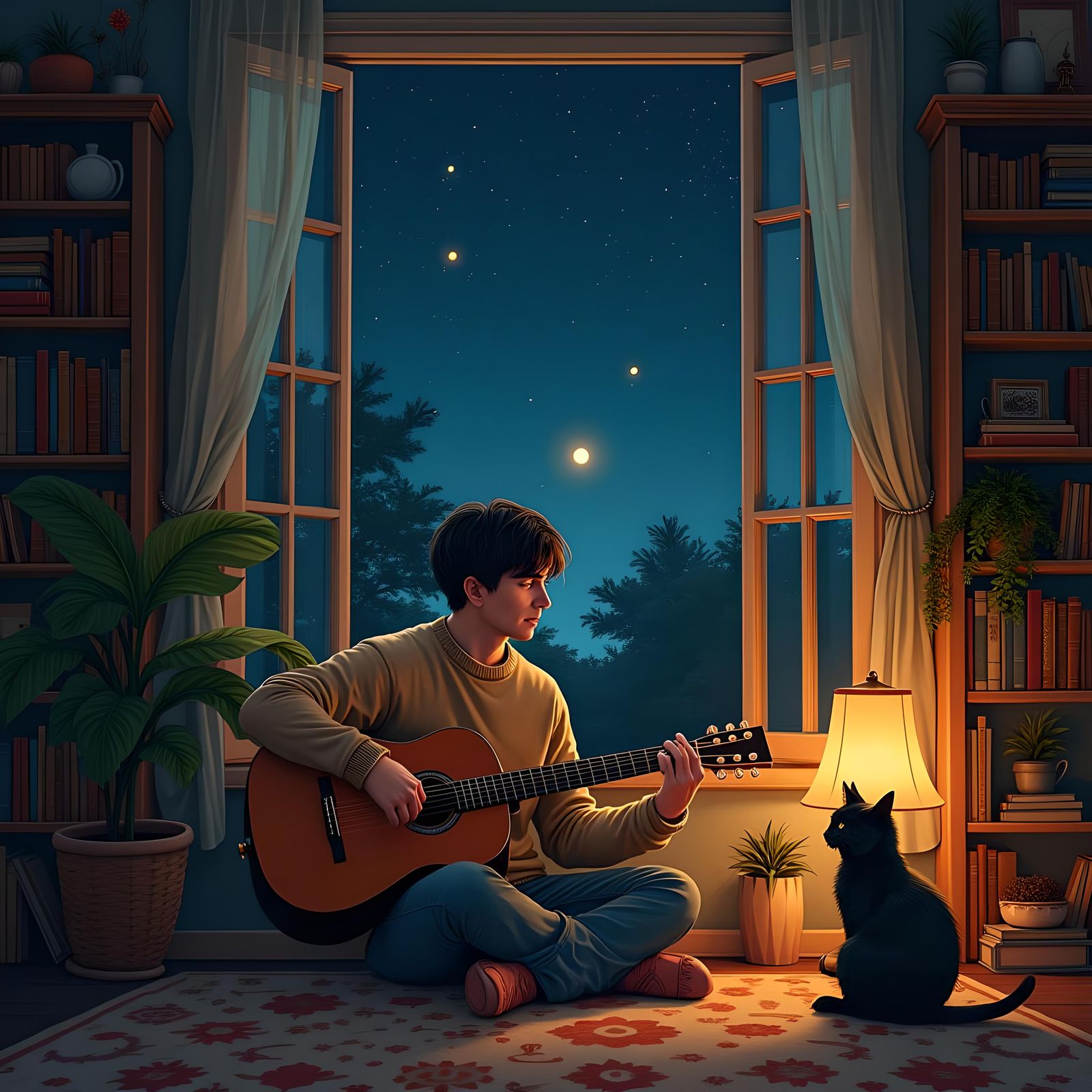 Cozy Nighttime Scene with Guitar and Cat