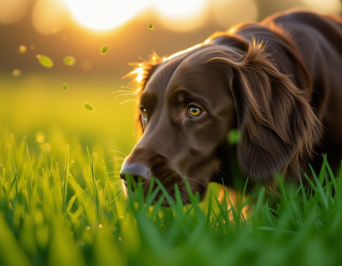 Brown German Pointer Sniffing Grass in Ethereal Backlight