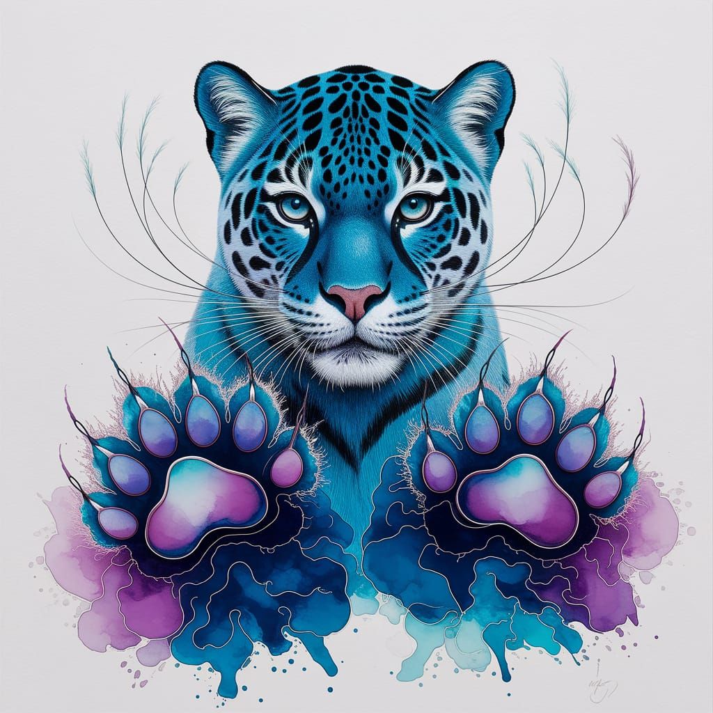 A mixed media artwork on paper featuring a mesmerizing portrait of a blue panther, where swirling patterns of blue, purp...