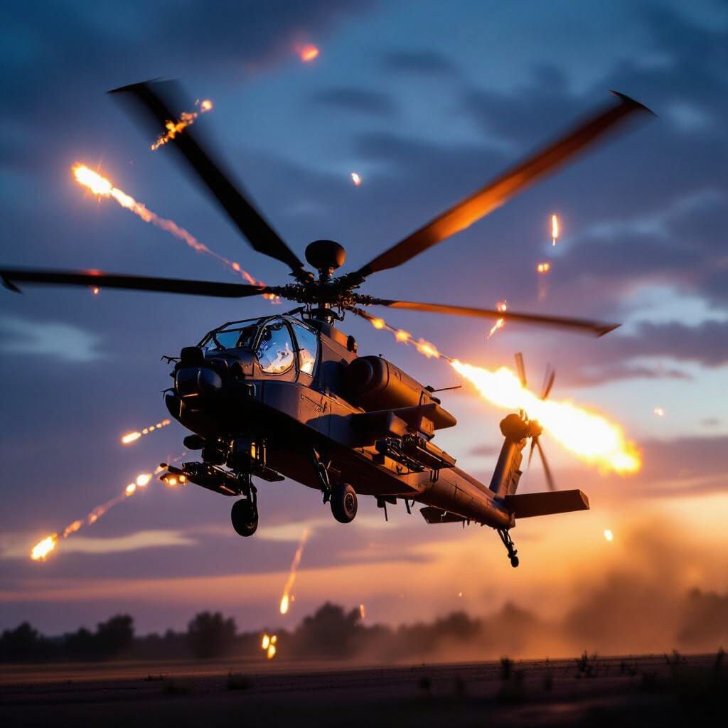 Apache Helicopter Fires Guns and Flares in Fiery Twilight Sk...