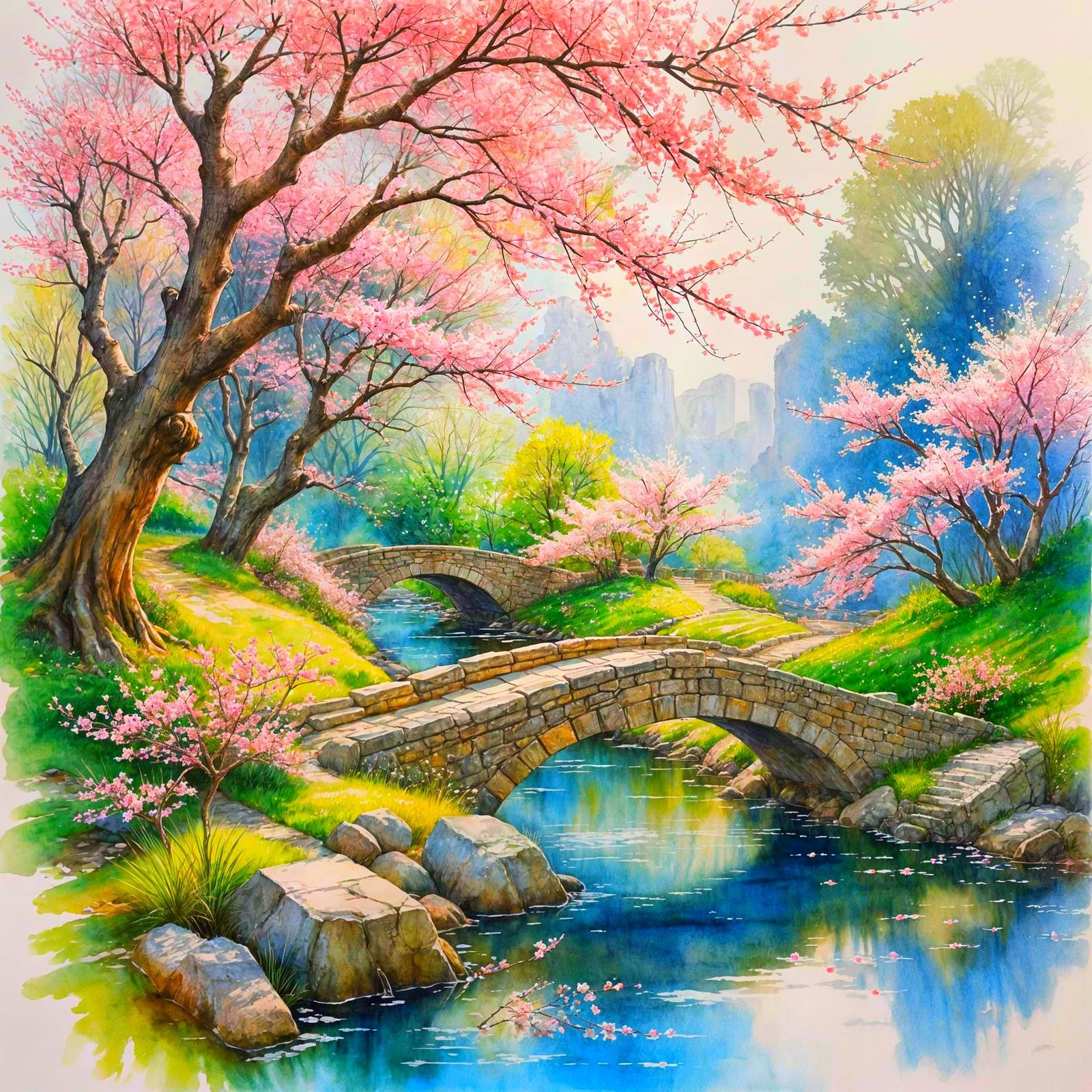 Spring Stone Bridge with Cherry Blossoms in Watercolour