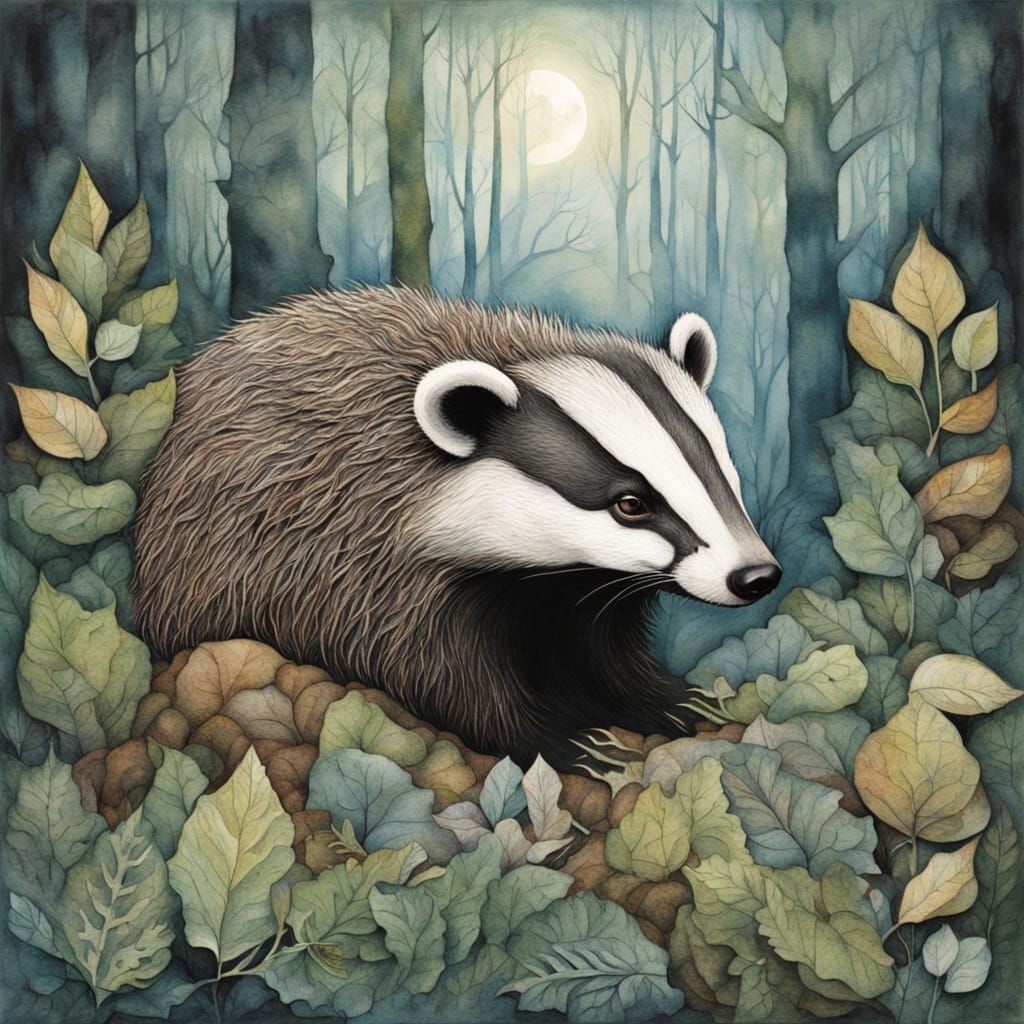 Badger in Moonlit Deciduous Forest with Whimsical Textures