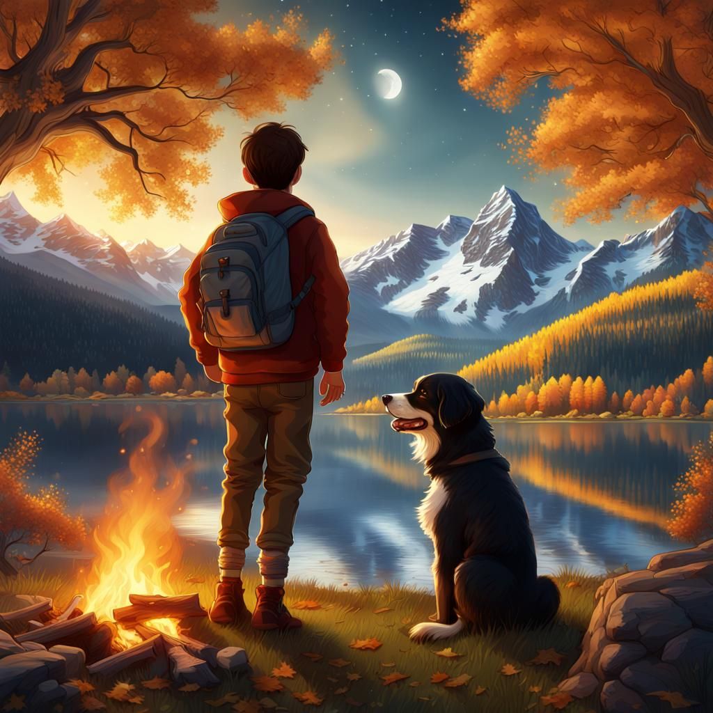 Boy and Bernese Mountain Dog Camping in Autumn