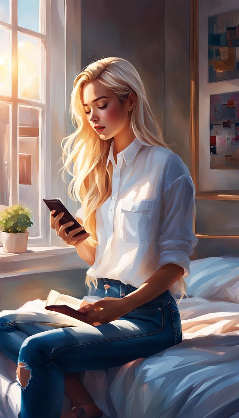 Girl Reading Book in Sunlight: Photorealistic Artwork