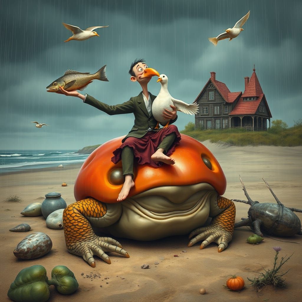 Caricature Figure on Giant Toad in Beach Scene, Durer Style