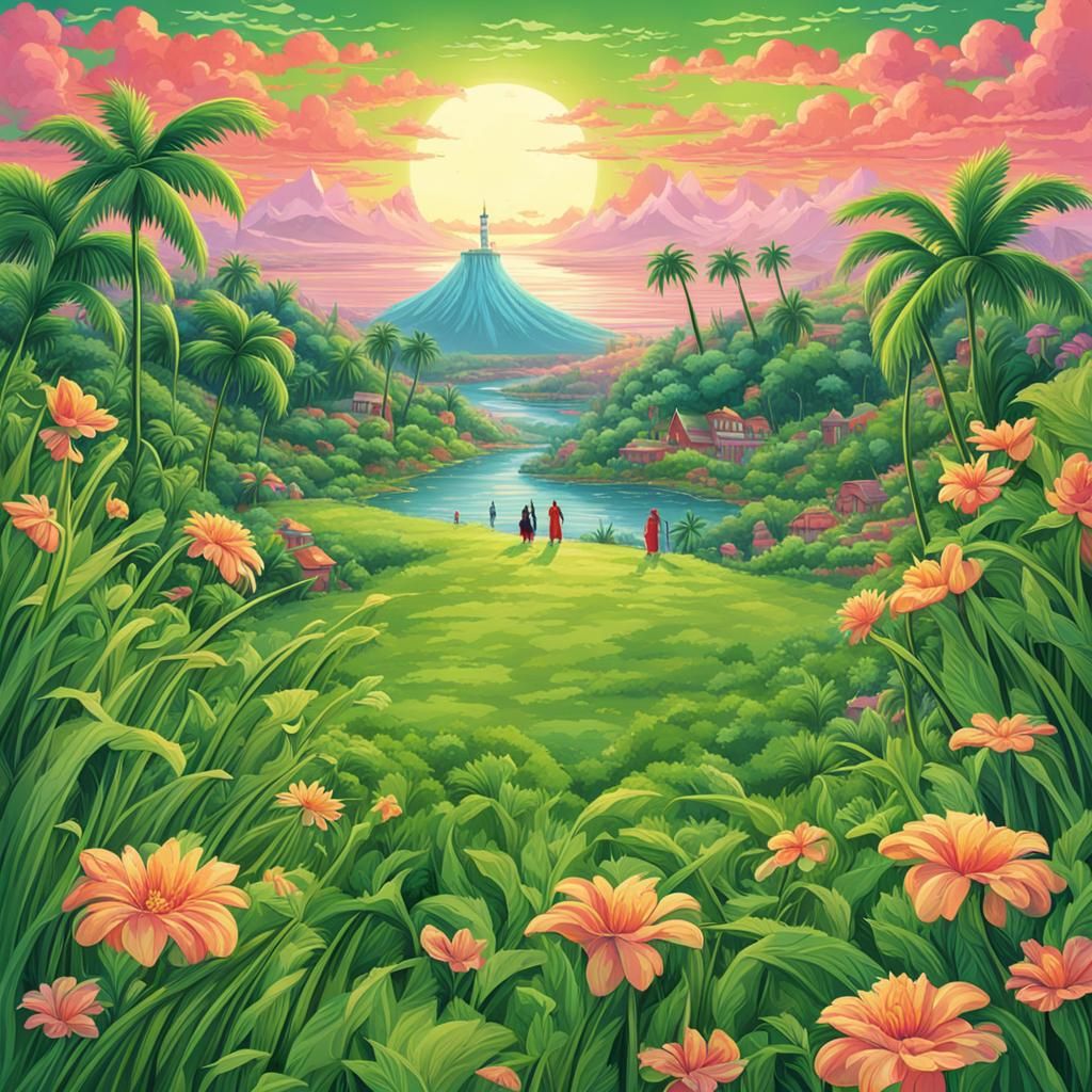 Paradise City: Lush Green Landscape and Feminine Beauty