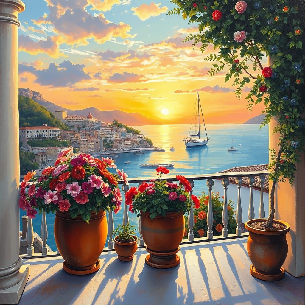 Mediterranean Coastal City Sunset Overlooking Sea