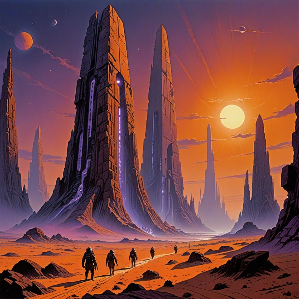 Desolate Planet with Sci-Fi Monoliths in Illustrative Style