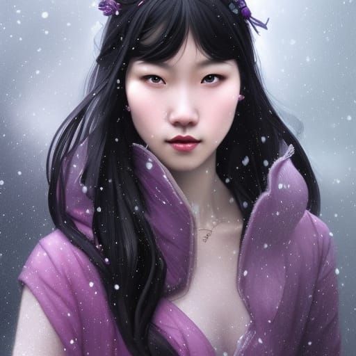 Chinese Woman Portrait with Purple Dress, Detailed Digital A...