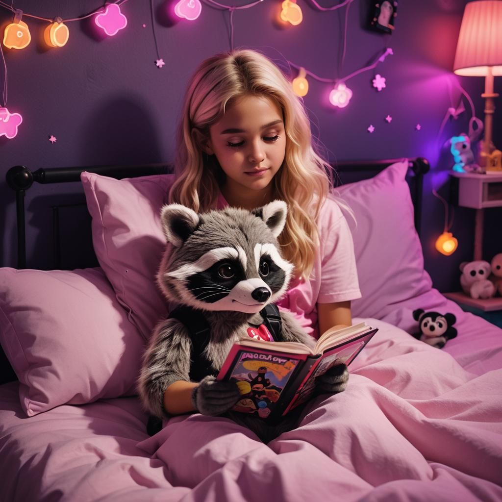 Raccoon Reads Bedtime Story in Synthwave Style