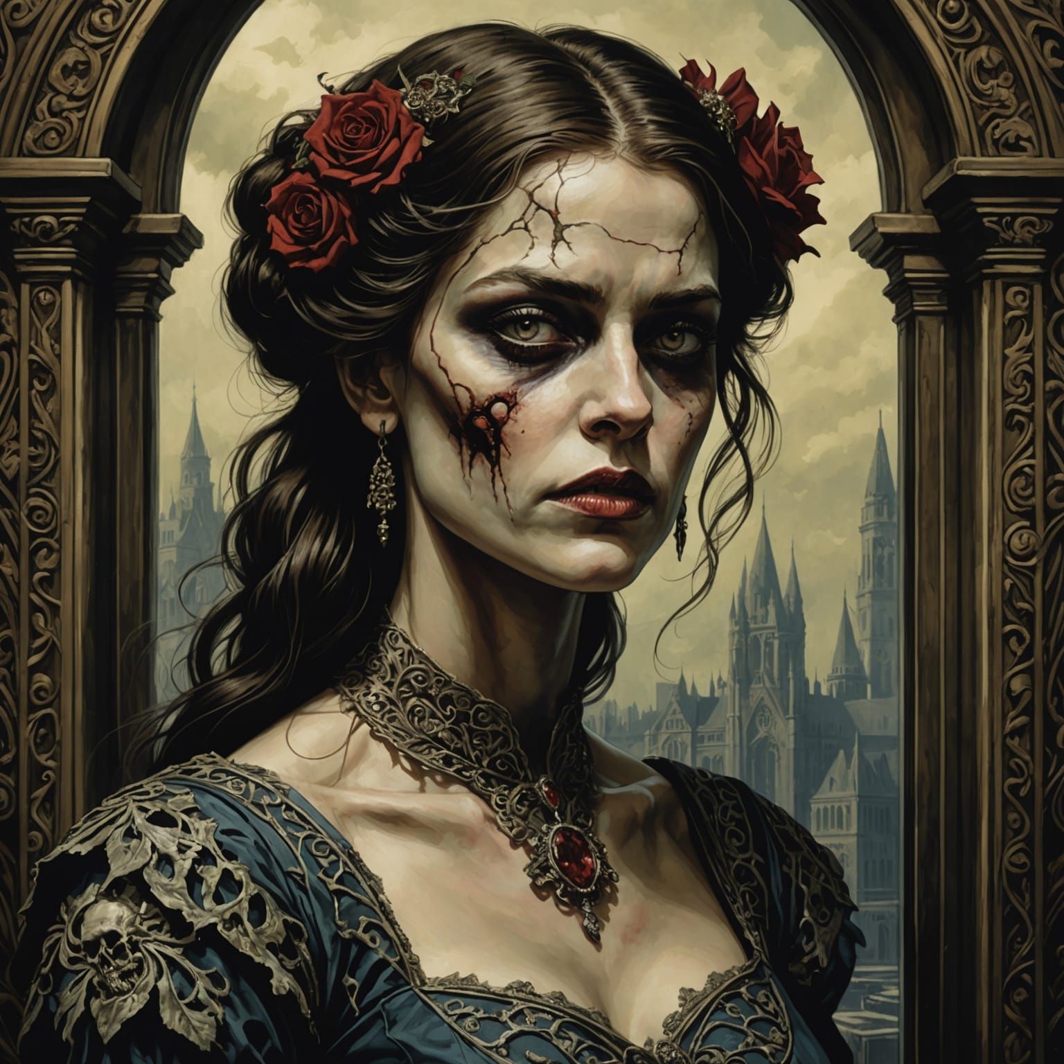 Grimdark Zombie Bridesmaid Portrait in Pen and Ink Style