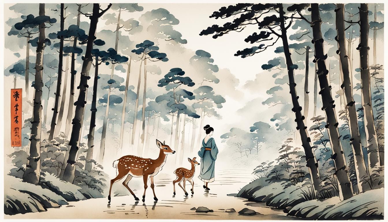 Village Girl and Fawn in Forest, Watercolor Style