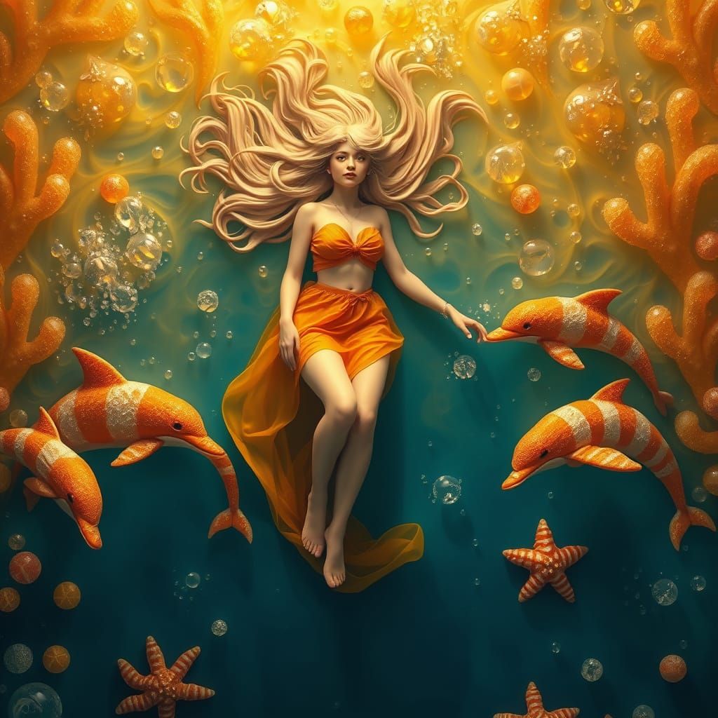 Woman Gliding Over Soda Sea in Whimsical Style